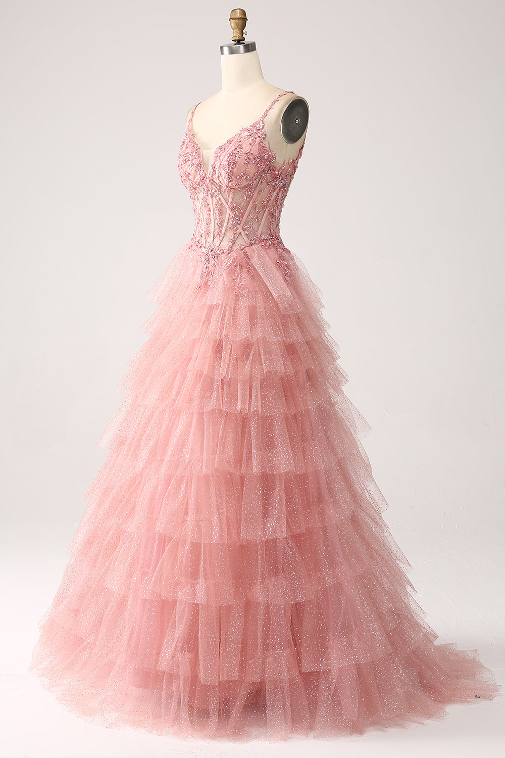 Blush A-Line Spalline Sottili A Più Livelli Tulle Corsetto Abito Lungo Cerimonia