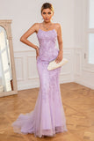 Abito da ballo lungo a sirena viola chiaro con applique