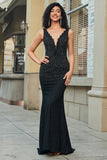 Sparkly Mermaid profondo scollo a V nero pizzo lungo prom dress con perline