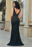 Sparkly Mermaid profondo scollo a V nero pizzo lungo prom dress con perline