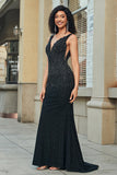Sparkly Mermaid profondo scollo a V nero pizzo lungo prom dress con perline
