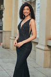 Sparkly Mermaid profondo scollo a V nero pizzo lungo prom dress con perline