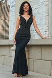 Sparkly Mermaid profondo scollo a V nero pizzo lungo prom dress con perline