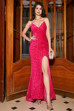 Scintillante Blu Reale Sirena Spalline sottili V-Neck Paillettes Abito Lungo Ballo Con Split