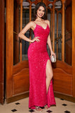 Scintillante Blu Reale Sirena Spalline sottili V-Neck Paillettes Abito Lungo Ballo Con Split