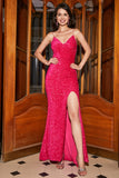 Scintillante Blu Reale Sirena Spalline sottili V-Neck Paillettes Abito Lungo Ballo Con Split