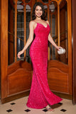 Scintillante Blu Reale Sirena Spalline sottili V-Neck Paillettes Abito Lungo Ballo Con Split