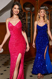 Scintillante Blu Reale Sirena Spalline sottili V-Neck Paillettes Abito Lungo Ballo Con Split