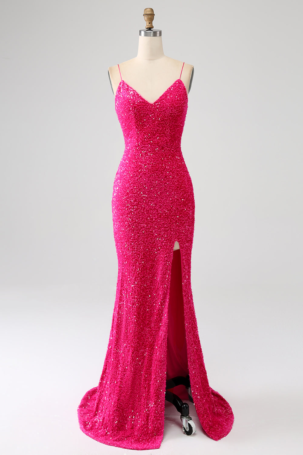 Fucsia Sirena Spalline sottili Scollo a V Paillettes vestito da ballo con Spacco
