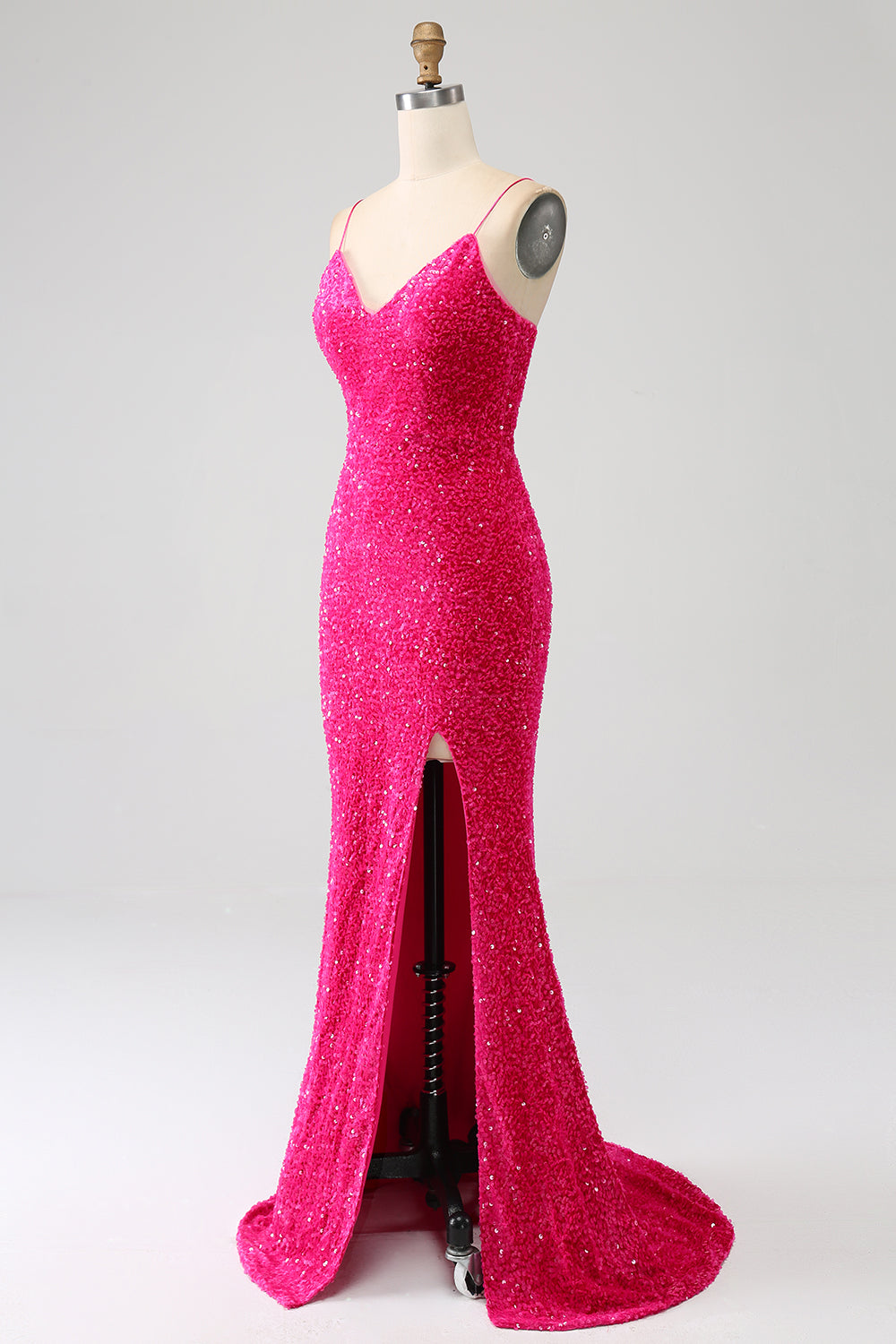 Fucsia Sirena Spalline sottili Scollo a V Paillettes vestito da ballo con Spacco