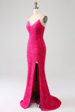 Fucsia Sirena Spalline sottili Scollo a V Paillettes vestito da ballo con Spacco