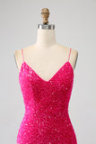 Fucsia Sirena Spalline sottili Scollo a V Paillettes vestito da ballo con Spacco