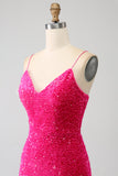 Fucsia Sirena Spalline sottili Scollo a V Paillettes vestito da ballo con Spacco