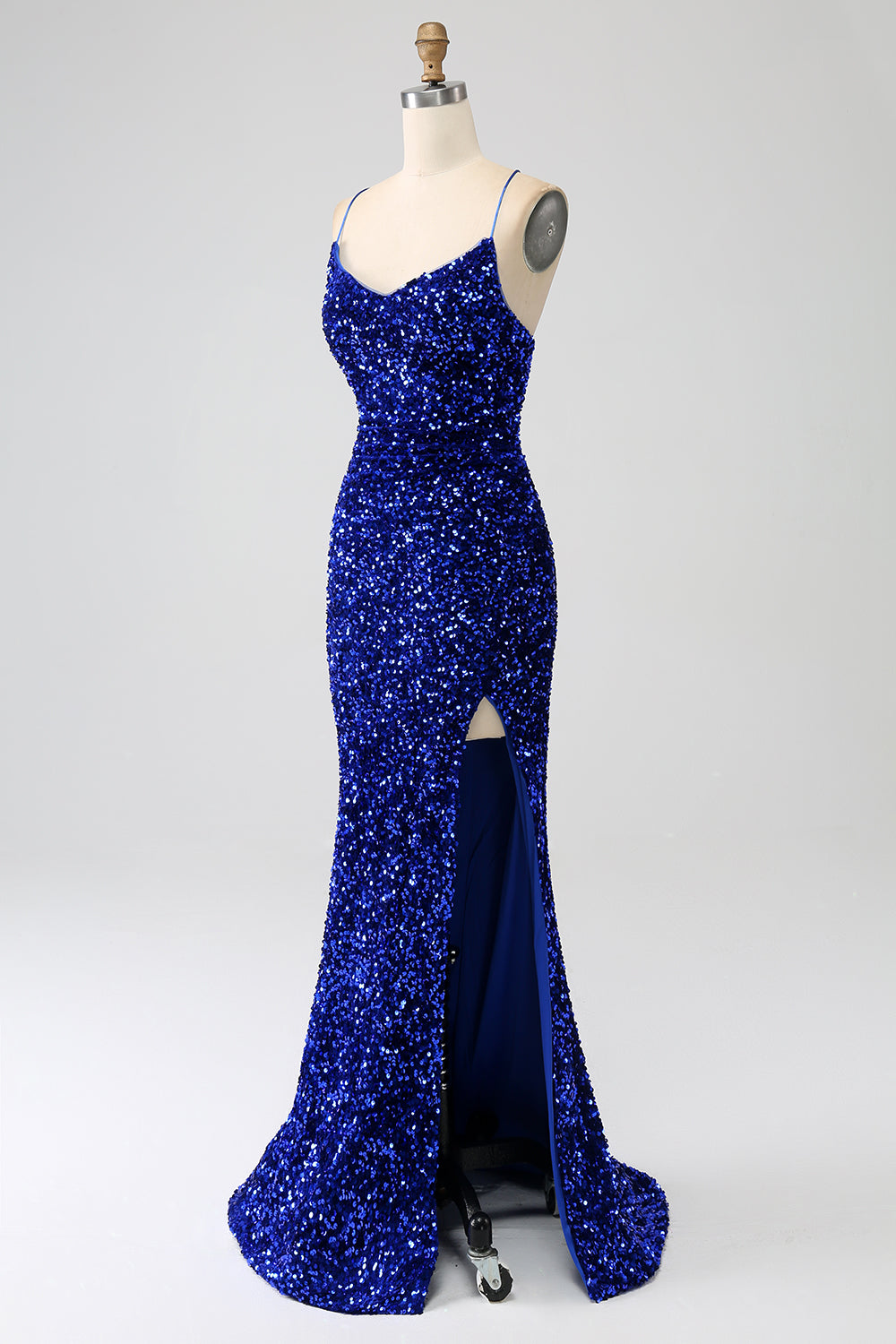 Fucsia Sirena Spalline sottili Scollo a V Paillettes vestito da ballo con Spacco
