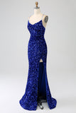 Fucsia Sirena Spalline sottili Scollo a V Paillettes vestito da ballo con Spacco