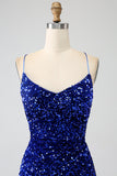 Fucsia Sirena Spalline sottili Scollo a V Paillettes vestito da ballo con Spacco