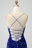 Fucsia Sirena Spalline sottili Scollo a V Paillettes vestito da ballo con Spacco
