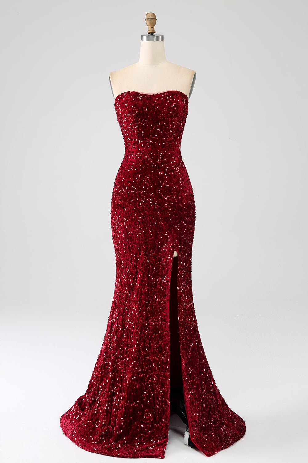 Rosso senza spalline paillettes lungo sirena abito da ballo con fessura