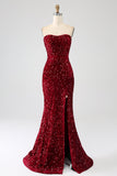 Rosso senza spalline paillettes lungo sirena abito da ballo con fessura
