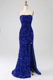 Blu Reale Sirena senza spalline paillettes abito lungo da ballo con fessura