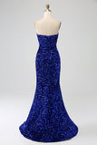 Blu Reale Sirena senza spalline paillettes abito lungo da ballo con fessura