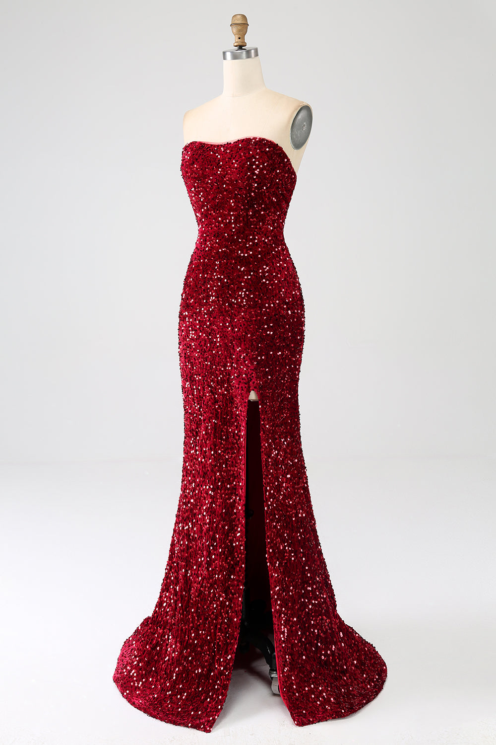 Rosso senza spalline paillettes lungo sirena abito da ballo con fessura