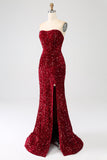Rosso senza spalline paillettes lungo sirena abito da ballo con fessura