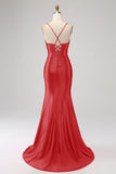 Splendida sirena rossa Spalline sottili Corsetto Abito da ballo con spacco anteriore