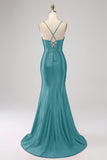 Splendida sirena nera Spalline sottili Corsetto Abito da ballo con spacco frontale