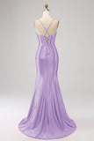 Splendida sirena rossa Spalline sottili Corsetto Abito da ballo con spacco anteriore