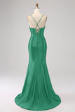 Splendida sirena nera Spalline sottili Corsetto Abito da ballo con spacco frontale