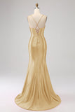 Splendida sirena nera Spalline sottili Corsetto Abito da ballo con spacco frontale