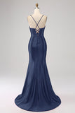 Splendida sirena rossa Spalline sottili Corsetto Abito da ballo con spacco anteriore