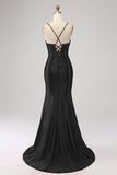 Splendida sirena nera Spalline sottili Corsetto Abito da ballo con spacco frontale