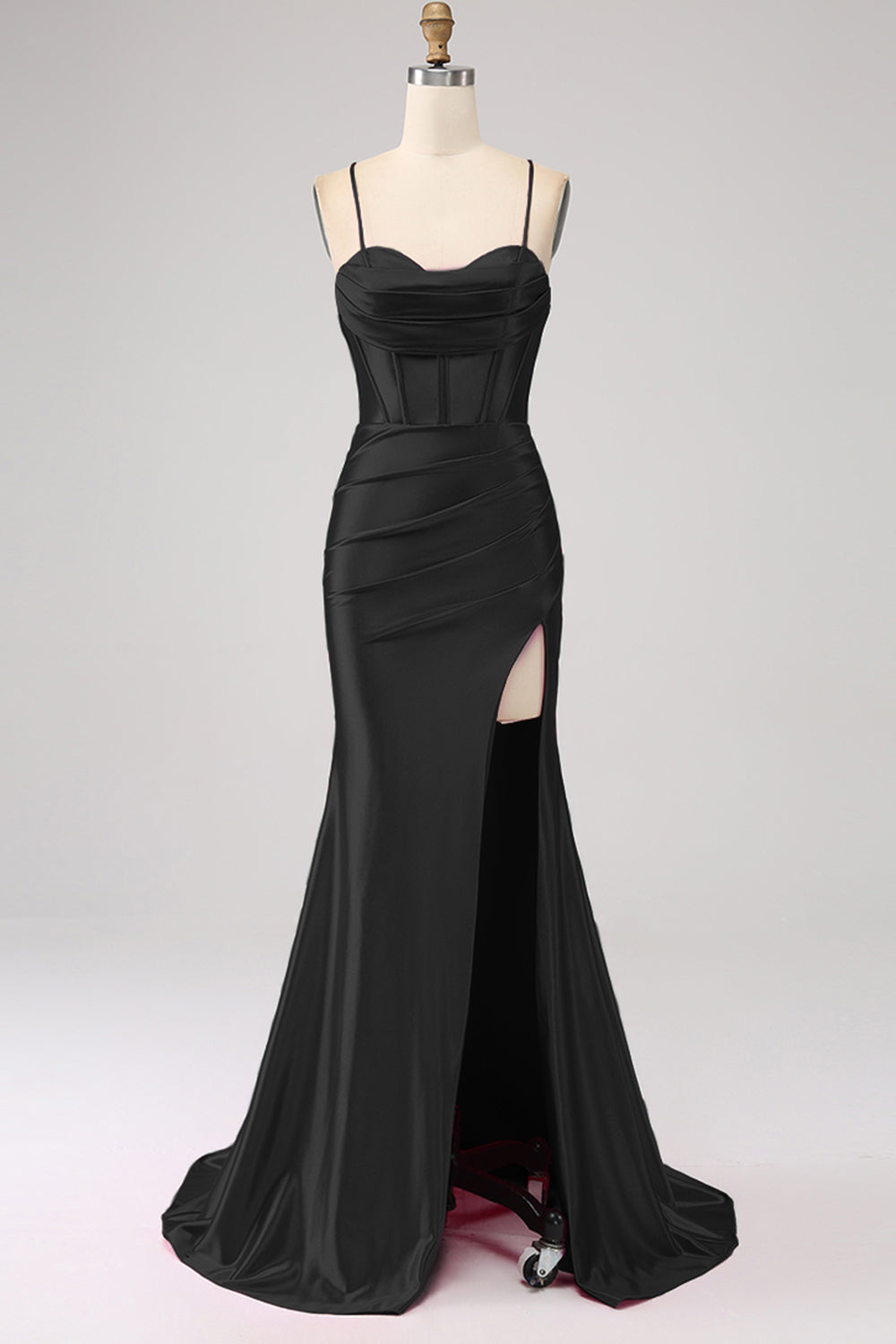 Splendida sirena nera Spalline sottili Corsetto Abito da ballo con spacco frontale