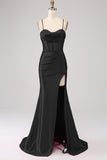 Splendida sirena nera Spalline sottili Corsetto Abito da ballo con spacco frontale
