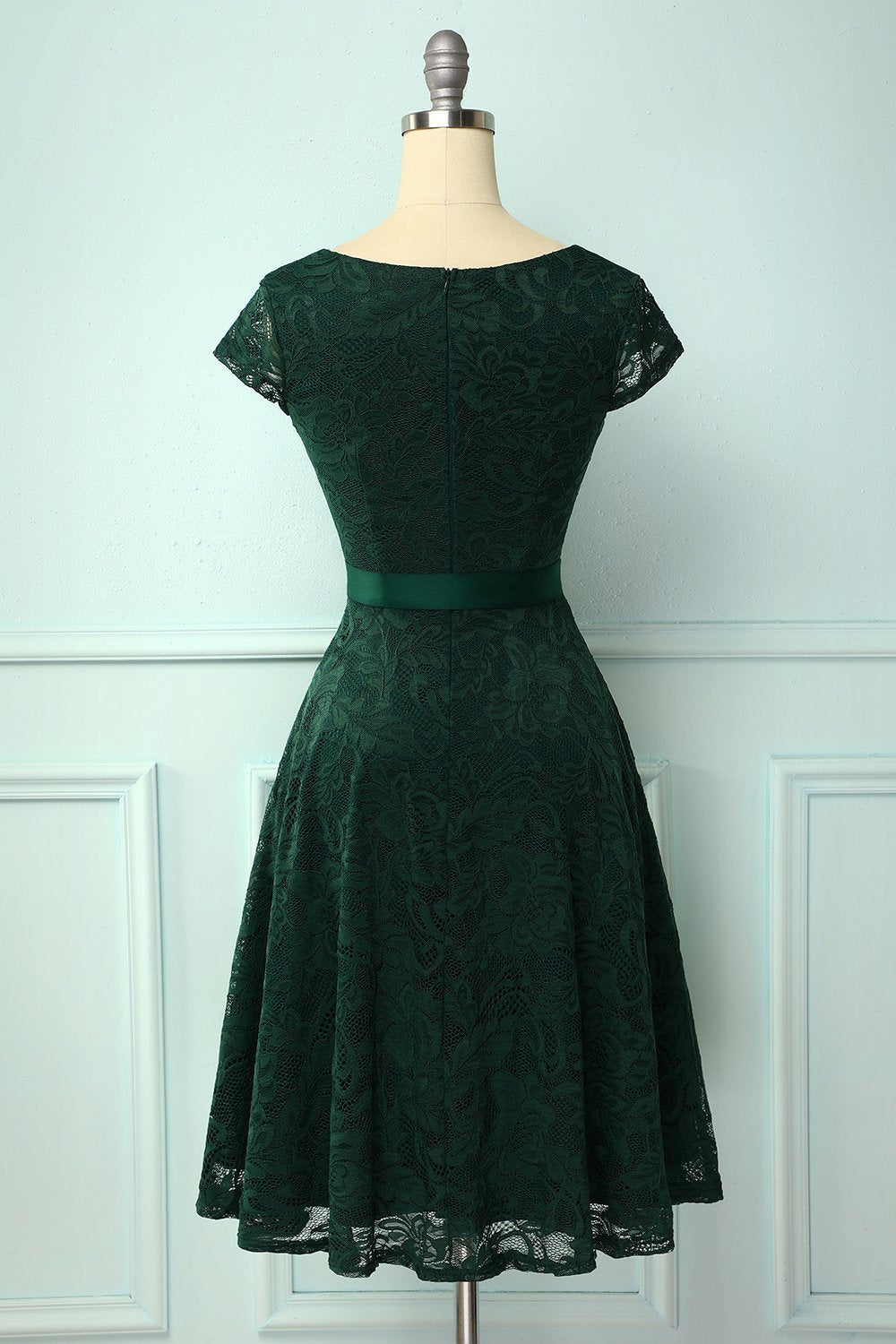 Abito in pizzo verde damigella d'onore con scollo a V