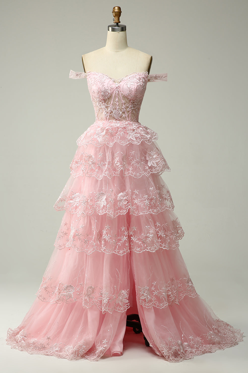 Princess A Line Off the Shoulder Nero Rosa Abito da ballo lungo con pizzo a strati