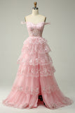 Princess A Line Off the Shoulder Nero Rosa Abito da ballo lungo con pizzo a strati
