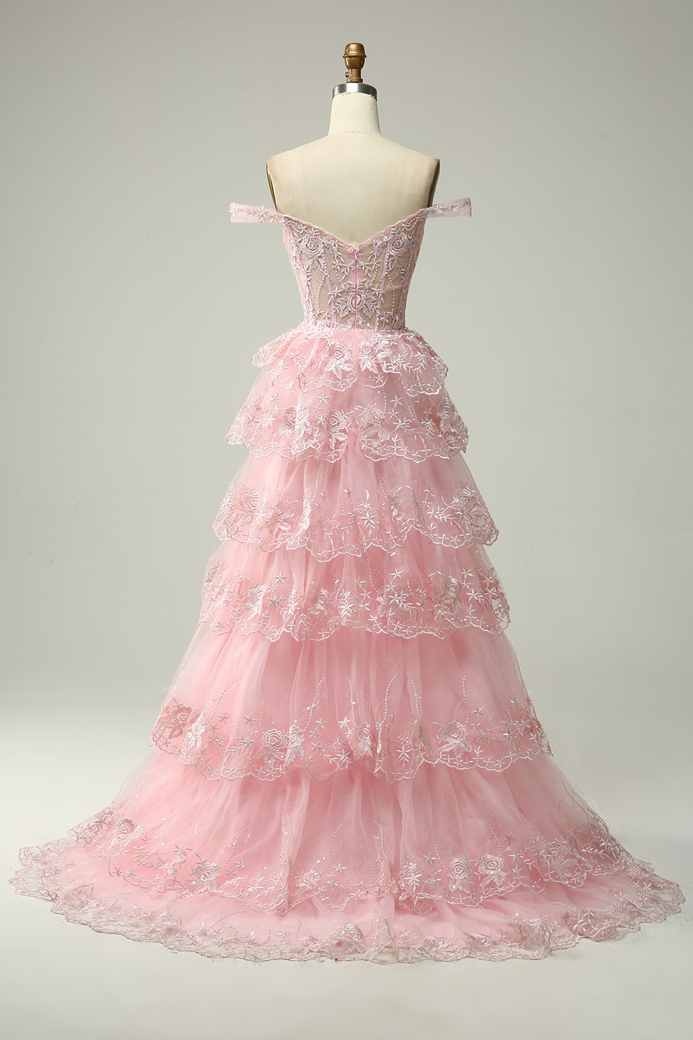 Princess A Line Off the Shoulder Nero Rosa Abito da ballo lungo con pizzo a strati
