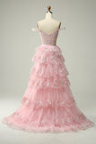 Princess A Line Off the Shoulder Nero Rosa Abito da ballo lungo con pizzo a strati