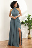 Grigio Halter Ruched Long Chiffon Bridesmaid Abito con spacco