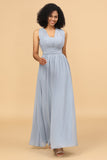 Abito da damigella d'onore in chiffon lungo blu blu grigio
