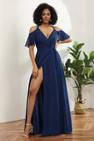 Cold Shoulder Navy Chiffon Abito da damigella d'onore con spacco