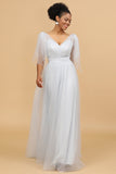 Abito da damigella d'onore A-Line con scollo a V in tulle grigio