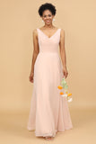 A Line V Neck Blush Chiffon Abito da damigella d'onore lungo