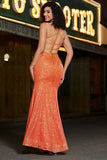 Sparkly Orange Mermaid Spaghetti Straps Paillettes Prom Dress con fessura
