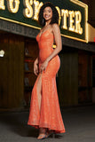 Sparkly Orange Mermaid Spaghetti Straps Paillettes Prom Dress con fessura