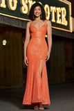 Sparkly Orange Mermaid Spaghetti Straps Paillettes Prom Dress con fessura