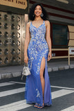 Trendy Sirena Scollo a V Azzurro Abito Lungo Prom con Appliques Fessura